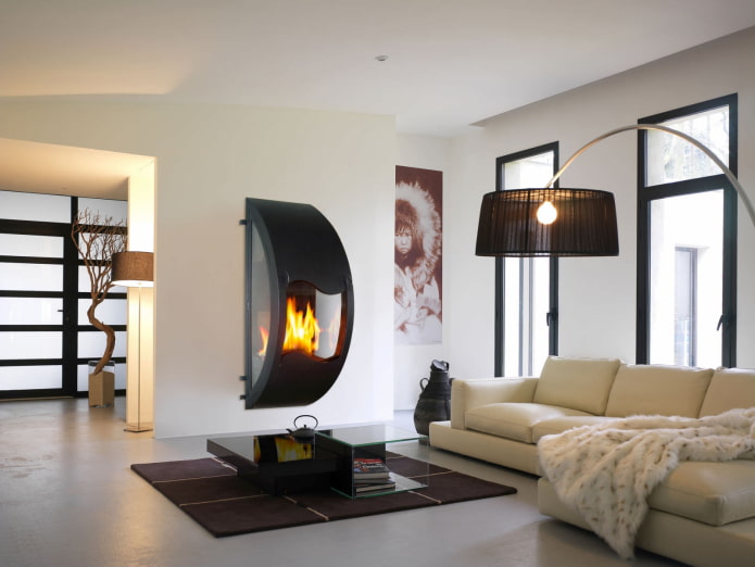 fireplace in the living room interior in high-tech style
