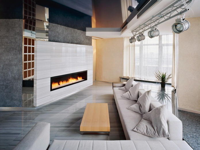 fireplace in the living room interior in high-tech style