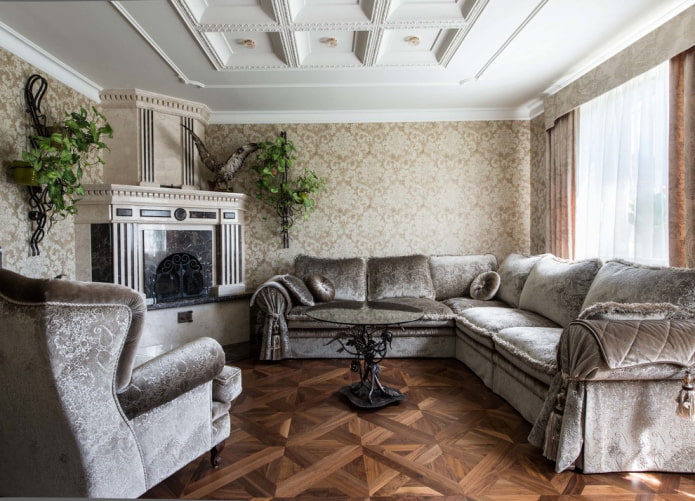 fireplace in the corner of the living room interior