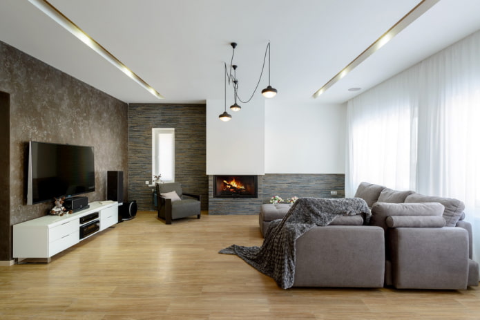 chandelier in the living room and built-in lighting