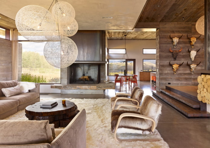 rustic style living room in the interior of the house
