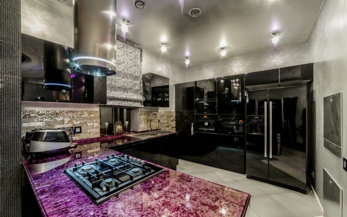 gray wallpaper in a modern kitchen with black furniture