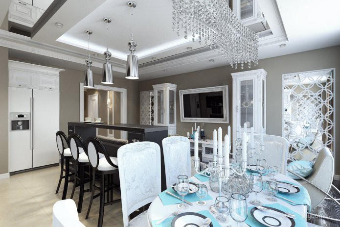 kitchen with a bar counter and dining room
