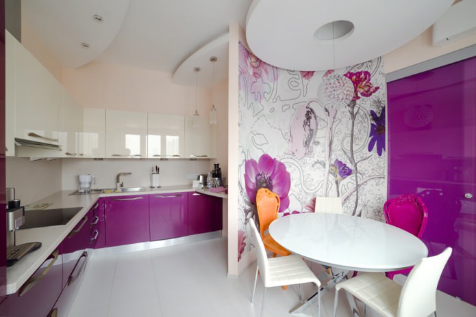 kitchen design in white and purple tones