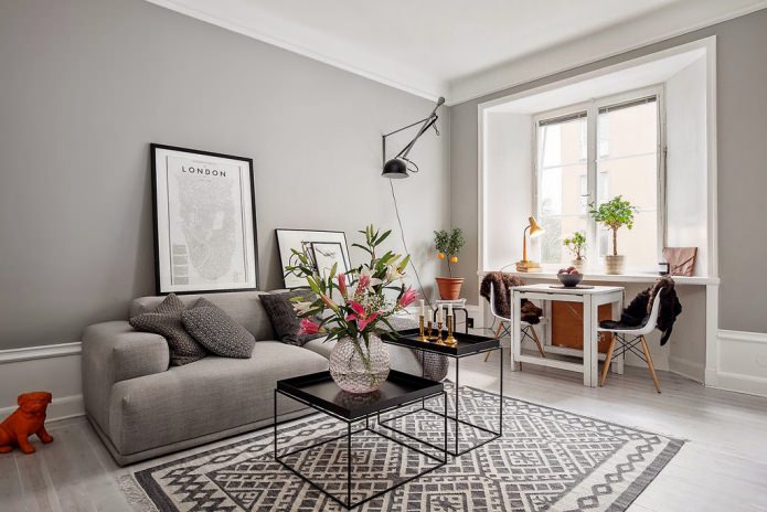 living room interior in gray and white tones