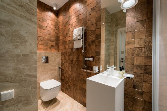 modern small bathroom with wooden wall trim
