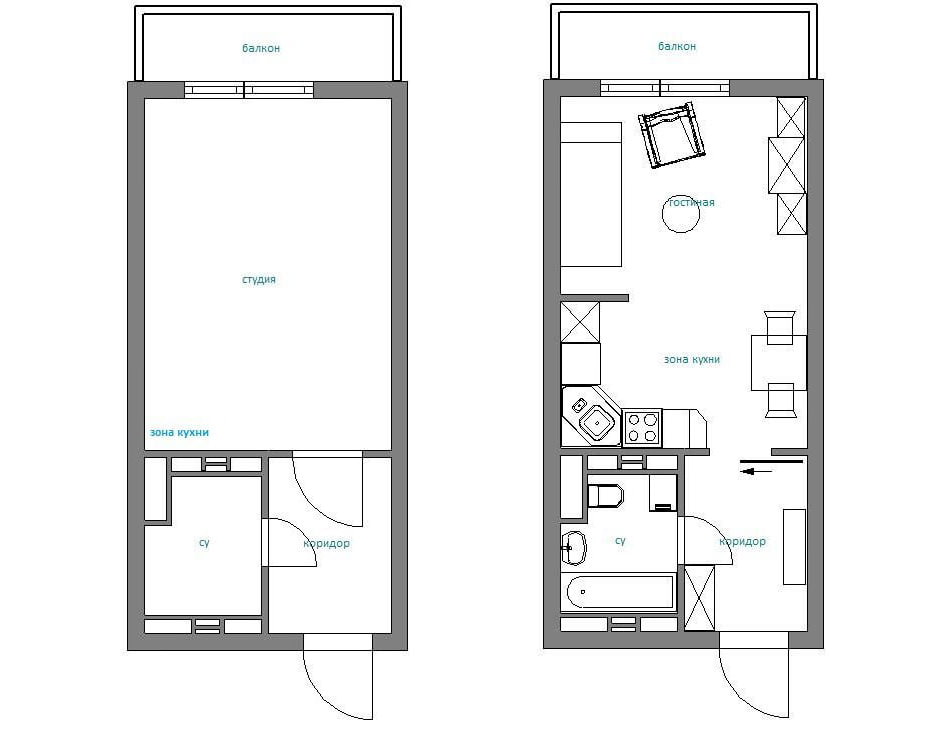 layout of the design of a studio apartment of 28 sq. m.