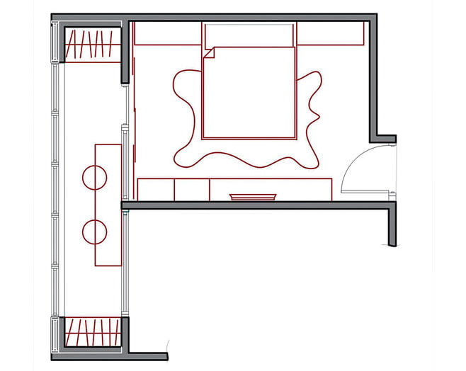 Bedroom layout 14 m2 with a balcony