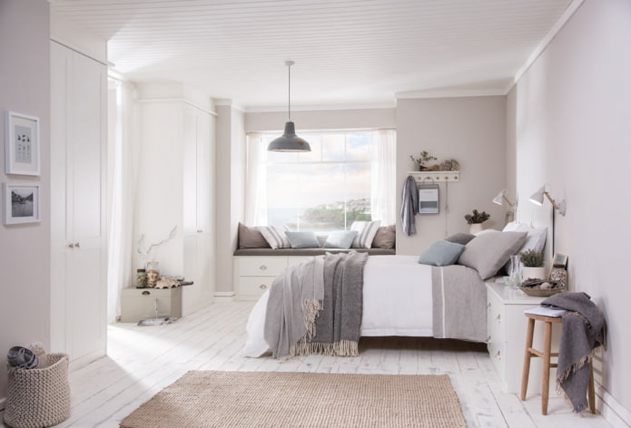 ceiling decoration in a light bedroom made of wooden slats