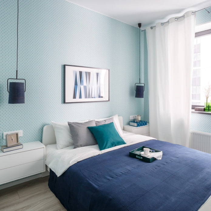 blue wallpaper in the bedroom