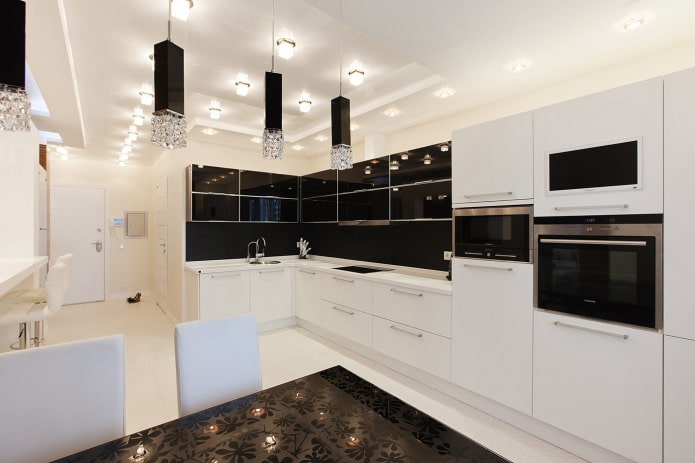 kitchen with black and white furniture