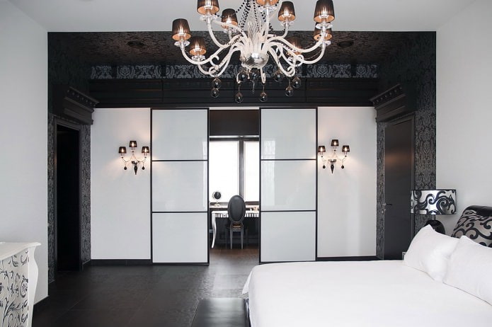 black and white bedroom interior