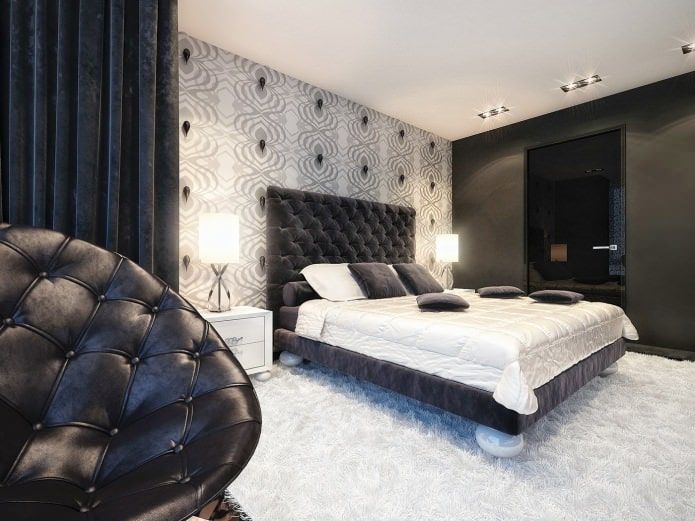 black and white bedroom interior