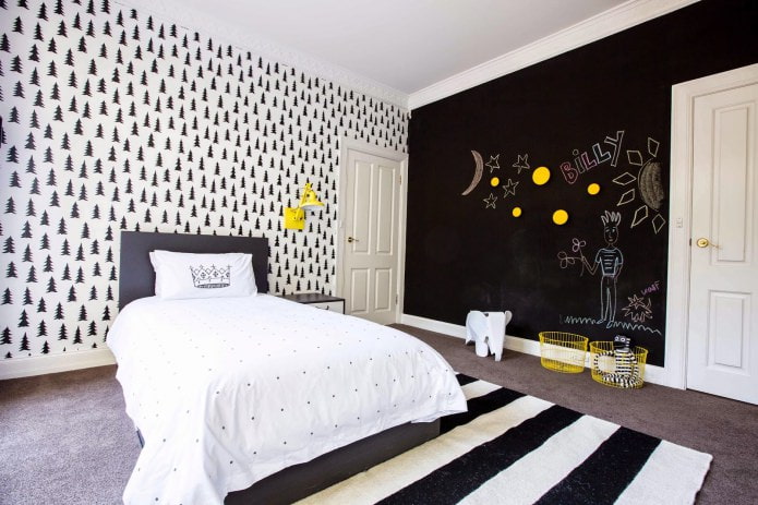 black and white children's room interior with the addition of yellow