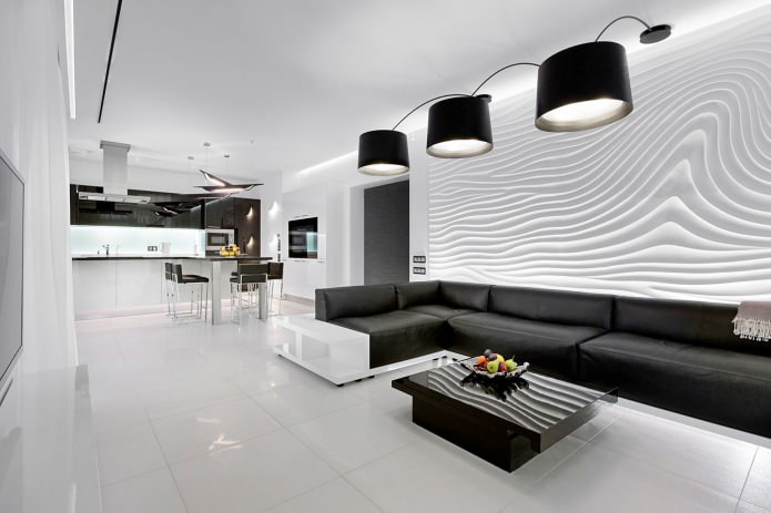 black and white kitchen-living room interior design