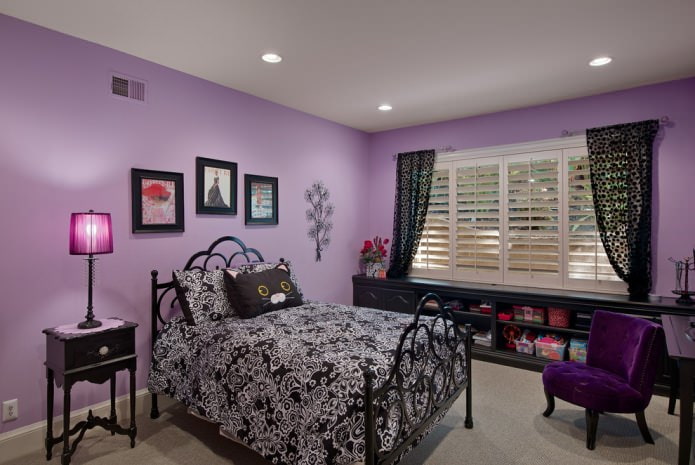 Black and purple children's bedroom interior