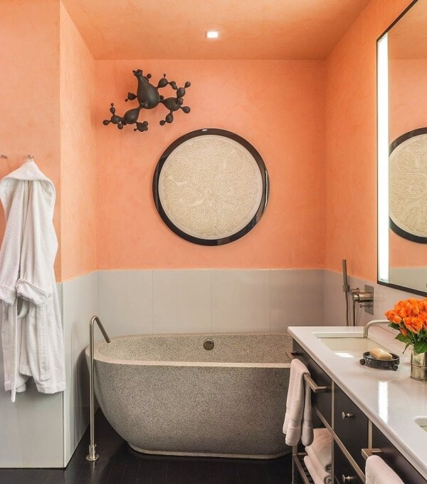 gray and peach bathroom