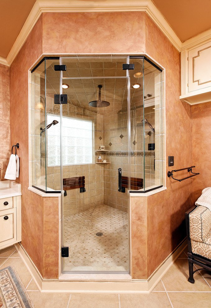 peach walls in the bathroom
