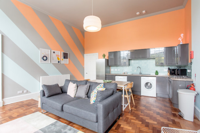 Gray-peach kitchen-living room