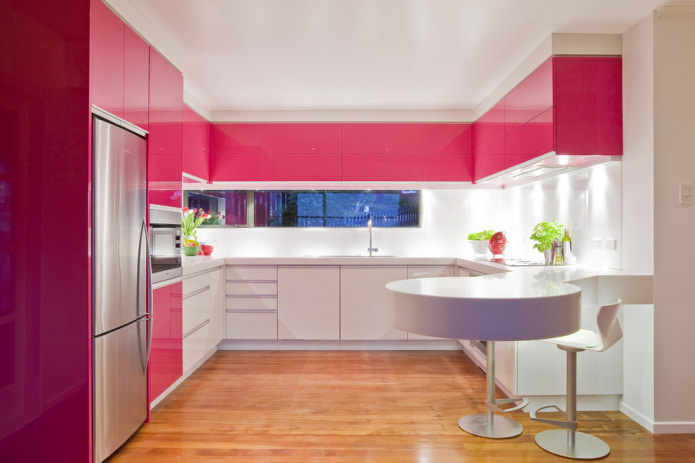 kitchen interior in white and pink tones