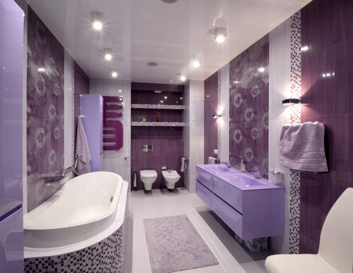 purple bathroom with white plumbing