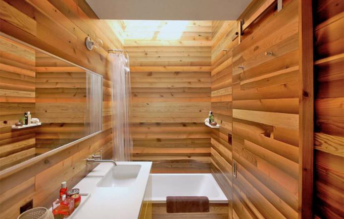 modern style bathroom with wood trim