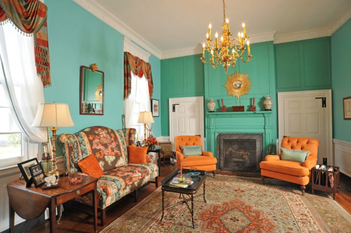orange-turquoise living room
