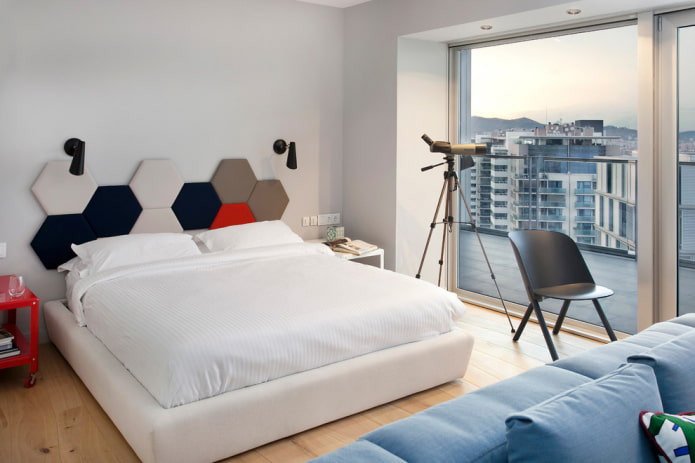 A multi-colored panel at the headboard