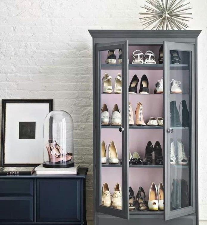 repurposed sideboard with fashionable shoes