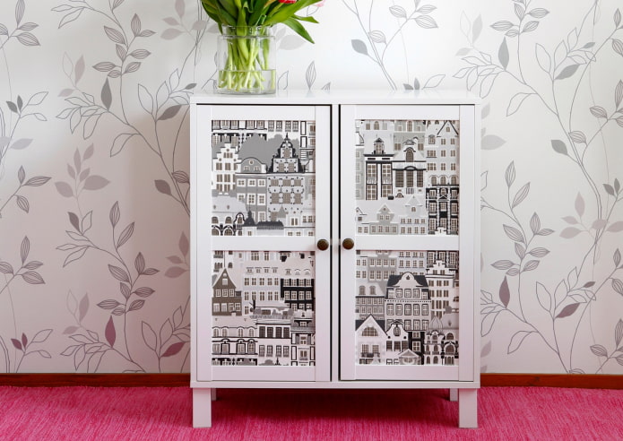 Decorating a bedside table with wallpaper