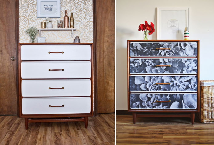 A chest of drawers covered with photo wallpaper