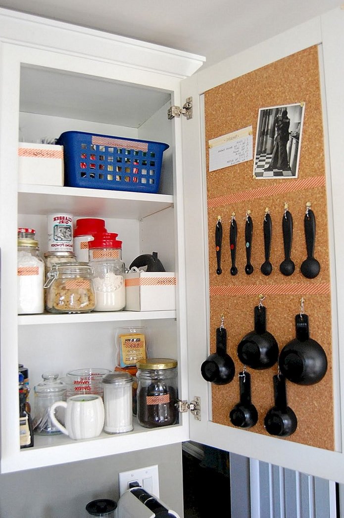 Cork board and hooks on the door