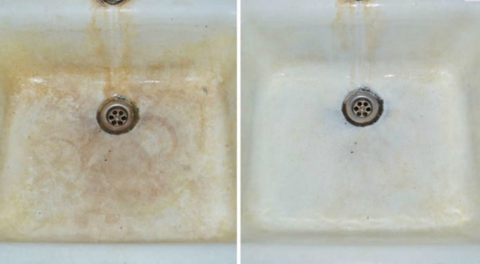 Sink before and after treatment with citric acid