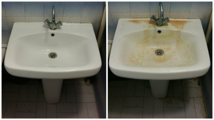 Sink before and after cleaning with Bleach