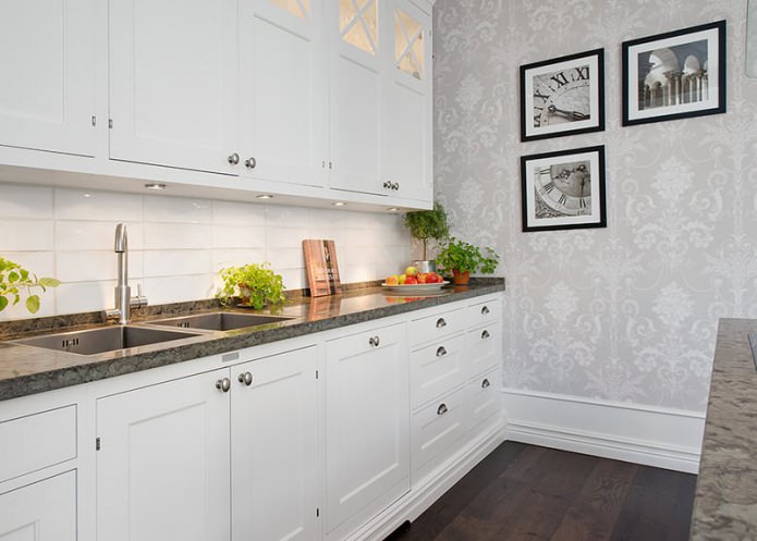 gray and white wallpaper in the kitchen