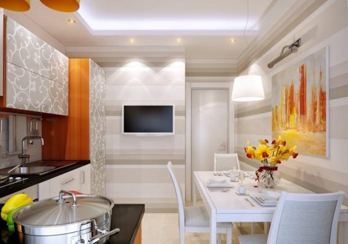 beige wallpaper for a small kitchen