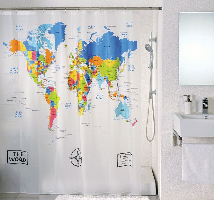world map on curtains in the bathroom