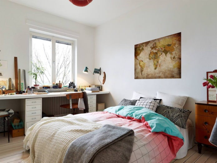 world map at the head of the bed