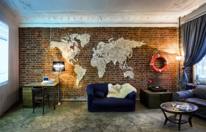 world map in the living room interior in loft style