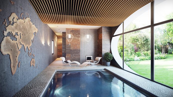 world map in the interior of the pool