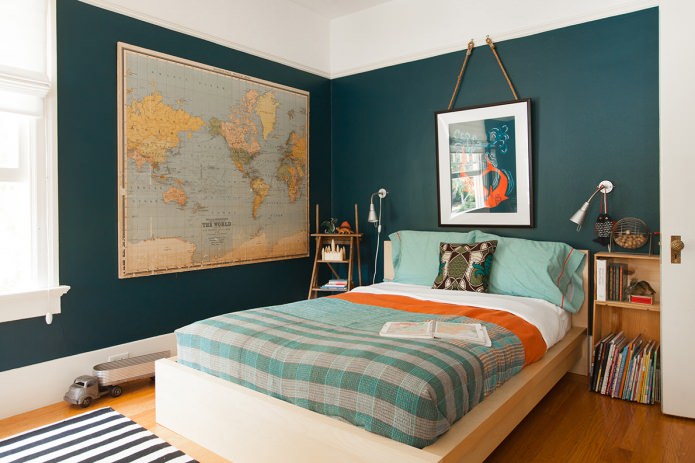 world map in the bedroom interior
