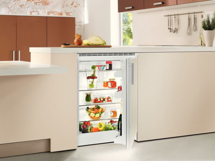 refrigerator under the countertop in the kitchen interior