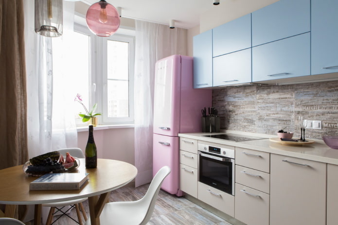refrigerator near the window in the kitchen interior