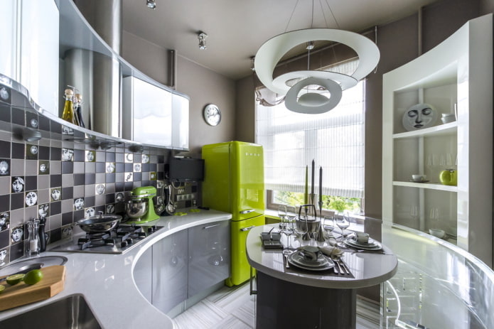 refrigerator near the window in the kitchen interior