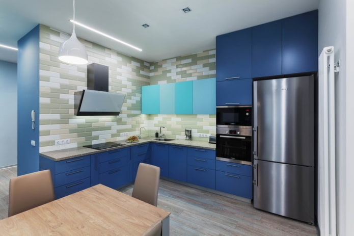 refrigerator in the interior of a corner kitchen