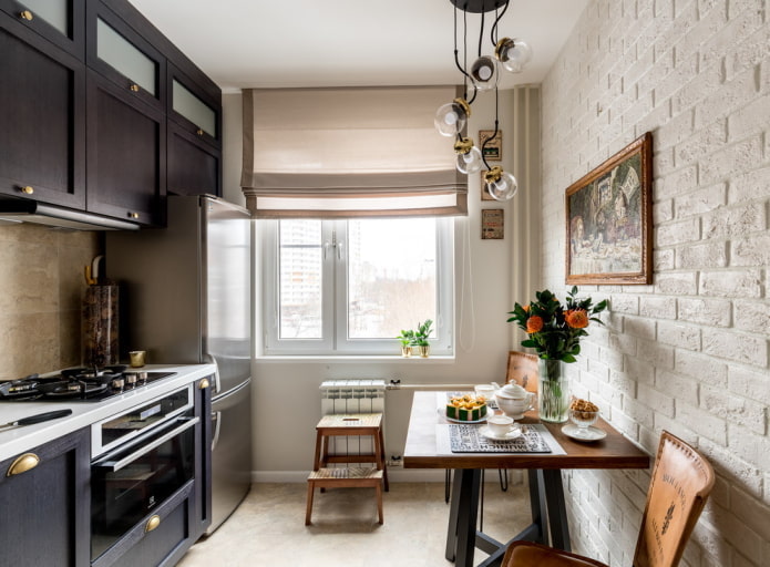 refrigerator in the interior of a small kitchen