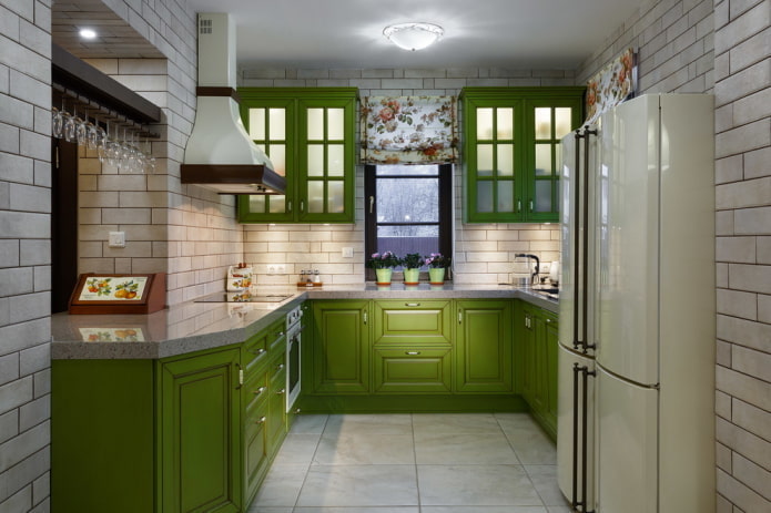 refrigerator in the interior of the U-shaped kitchen