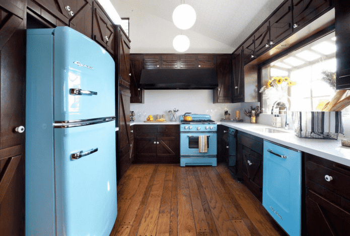 refrigerator in the interior of the U-shaped kitchen