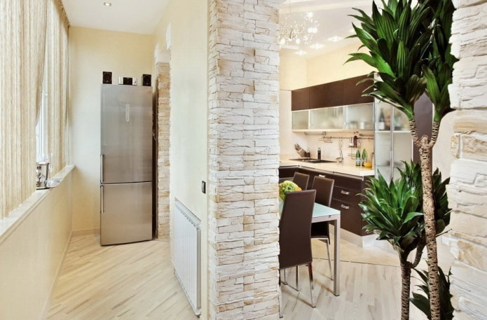 refrigerator on the balcony in the kitchen interior