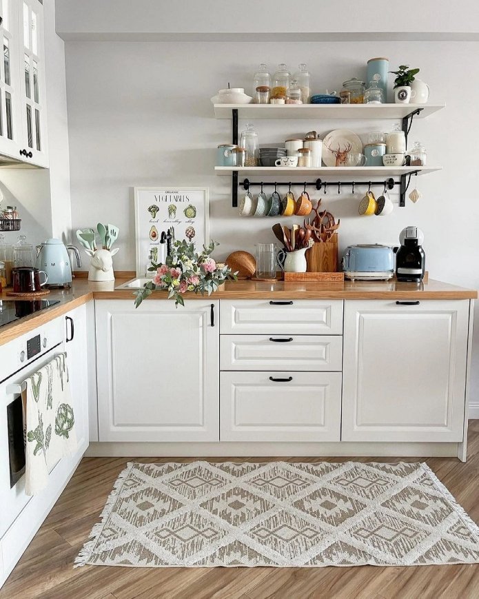 dishes on shelves and countertop